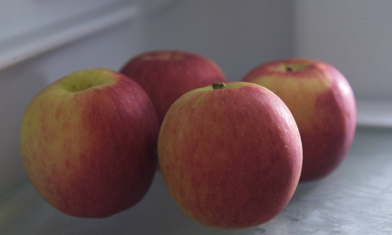 Four red-and-yellow apples sit on a gray countertop near a window