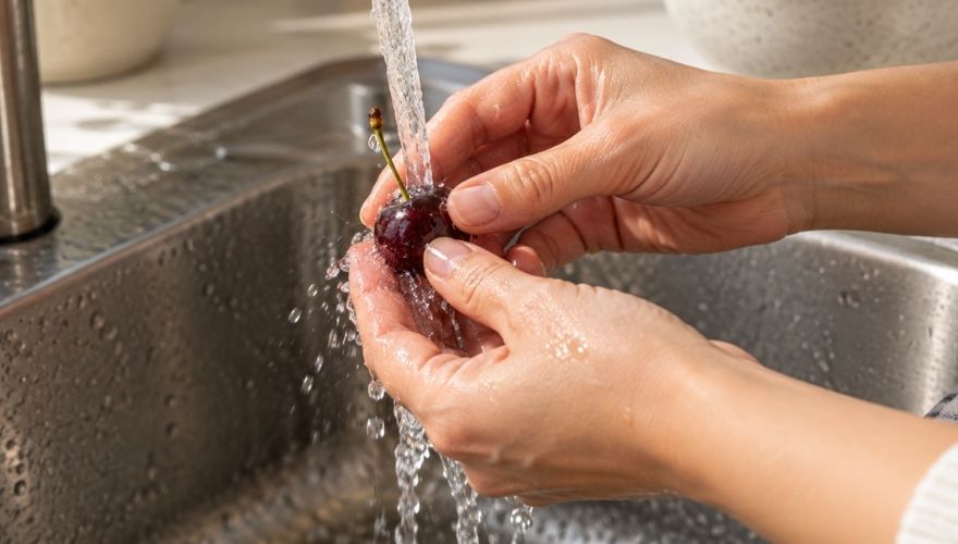 Person washing a dark red cherry under running tap water in a kitchen sink, with a bowl of fresh cherries in the background.