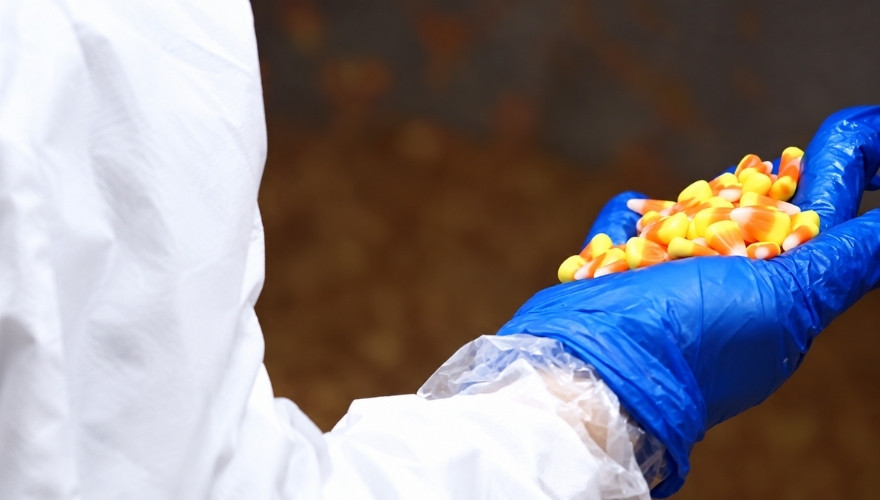 A worker in protective gloves holds freshly made candy corn during production.