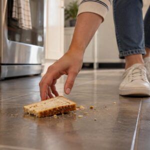 Person reaching down to pick up a dropped slice of bread from a tiled kitchen floor, illustrating the five-second rule.