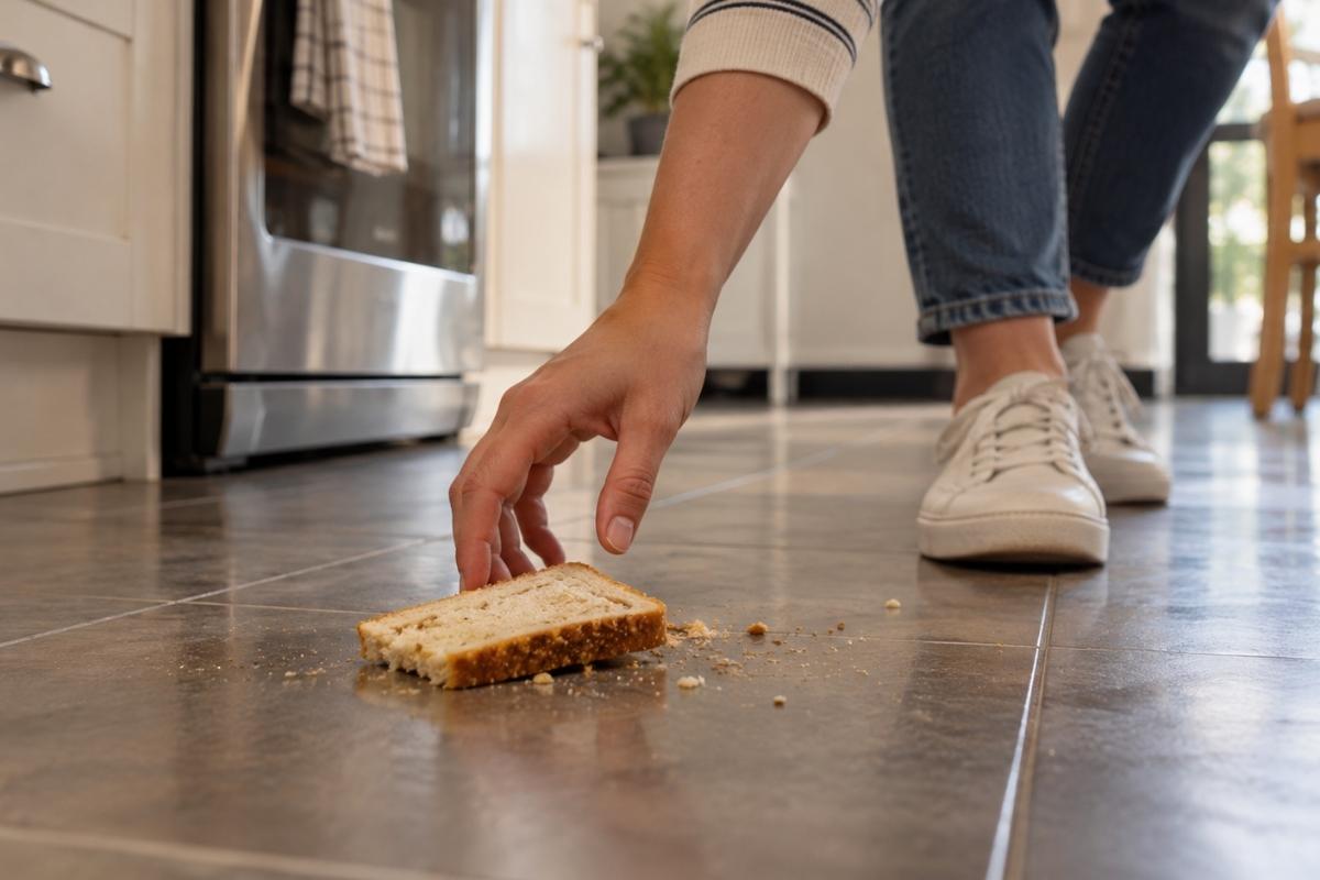 Person reaching down to pick up a dropped slice of bread from a tiled kitchen floor, illustrating the five-second rule.