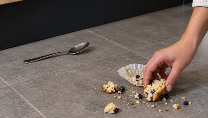 Person picking up a dropped blueberry muffin from a tiled kitchen floor, with crumbs and a spoon nearby.