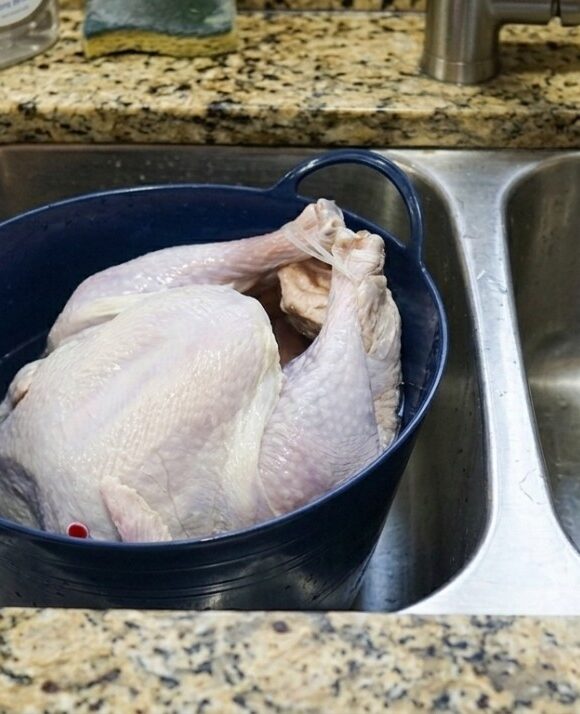 A raw whole turkey sits breast-up in a dark blue roasting pan inside a stainless-steel kitchen sink
