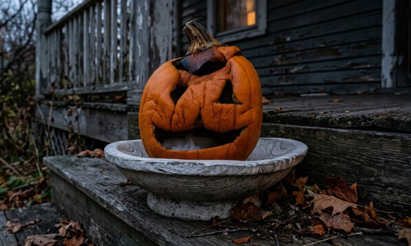 A weathered, grinning jack-o’-lantern sits in a stone bowl on an old porch