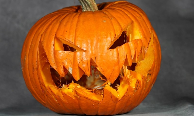 A damaged orange Halloween pumpkin sits against a gray backdrop