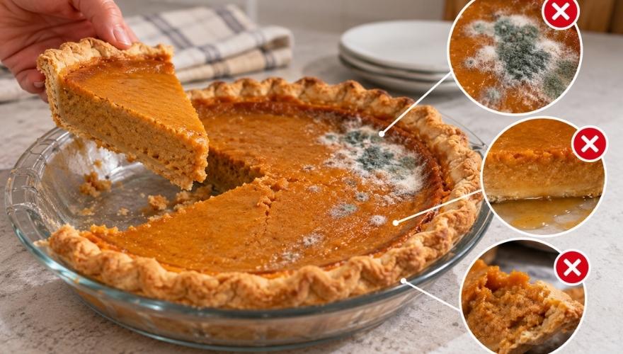Spoiled pumpkin pie with visible mold, watery filling, and changes in texture, illustrating signs that pumpkin pie may have gone bad.