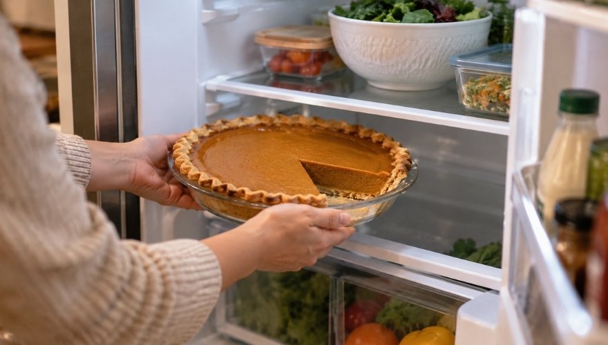 Person placing a homemade pumpkin pie with a slice removed into the refrigerator for safe storage.
