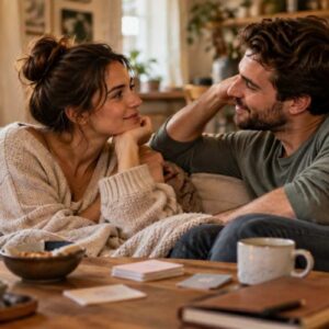 Couple having a warm, intimate conversation at home with question cards on the table.