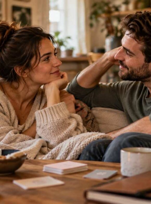 Couple having a warm, intimate conversation at home with question cards on the table.