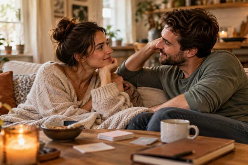Couple having a warm, intimate conversation at home with question cards on the table.