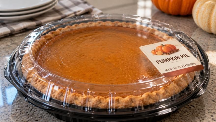 Store-bought pumpkin pie in a clear plastic container on a kitchen countertop, with a golden crust and autumn decorations in the background.
