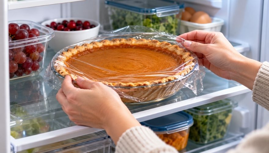 Person covering a homemade pumpkin pie with plastic wrap before storing it in the refrigerator to keep it fresh and safe to eat.