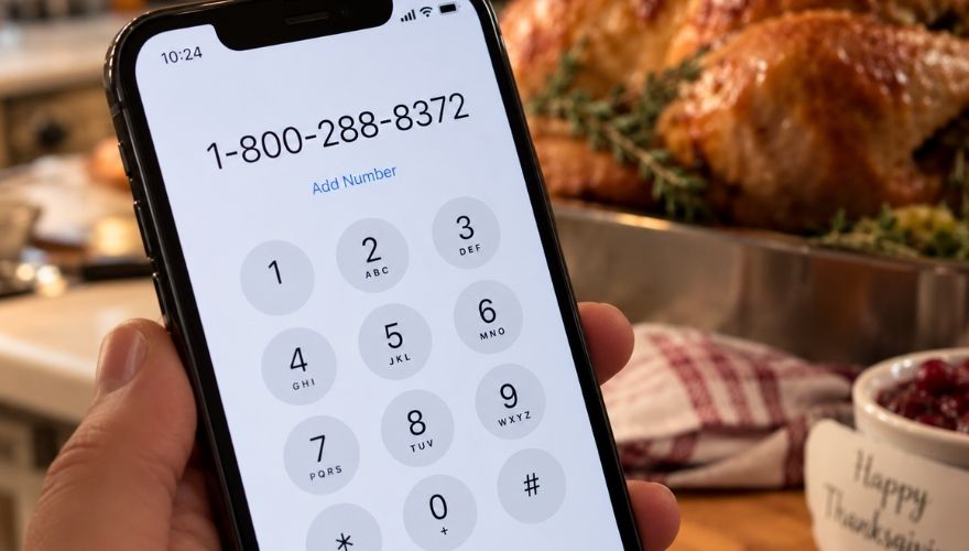 Smartphone dial screen beside a prepared Thanksgiving turkey.