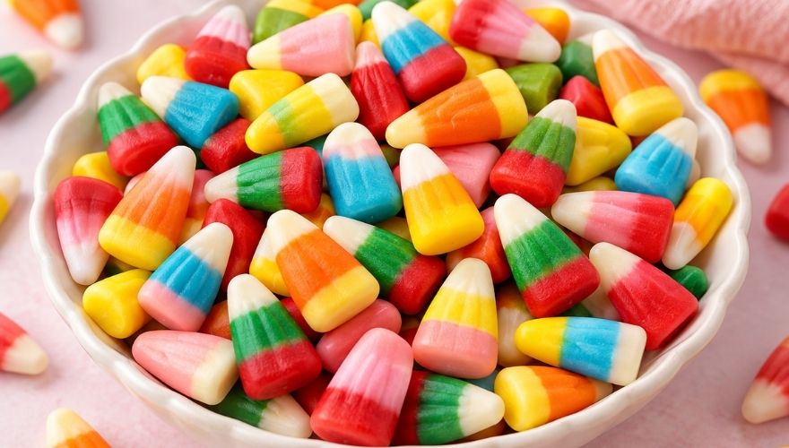 A bowl holds different types of candy corn in several bright colors and seasonal styles.