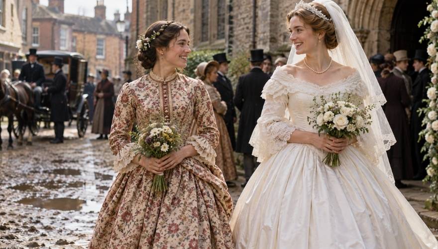Two women in Victorian-era wedding dresses, one wearing a floral gown and the other a white bridal dress, standing outside a church in the 1840s.