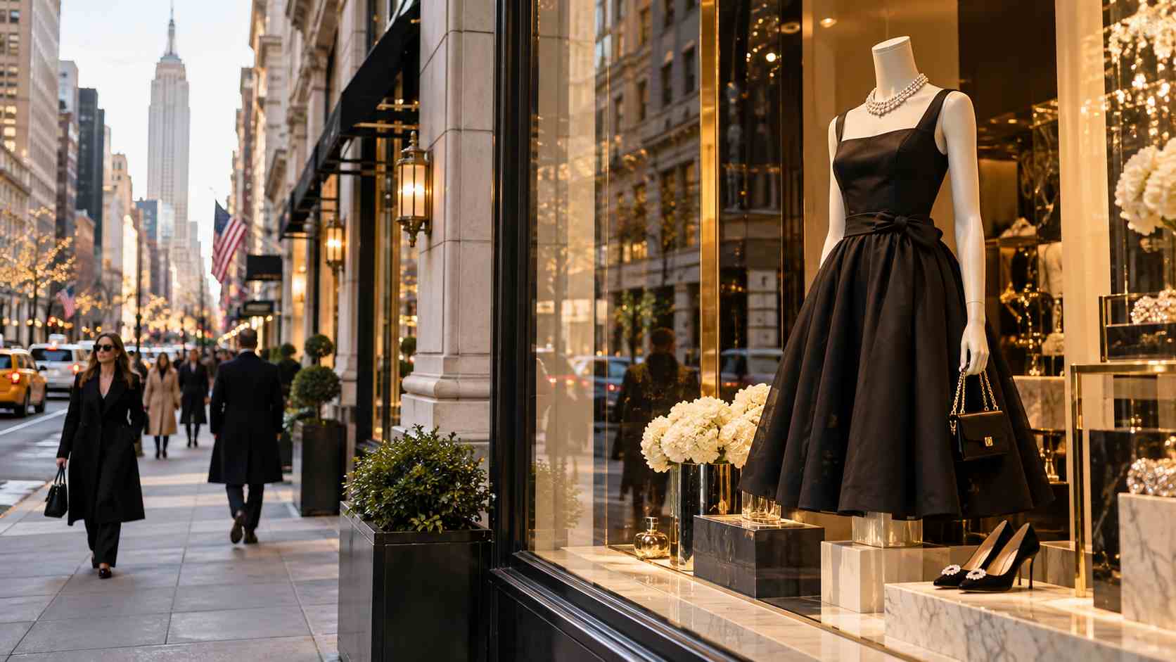 A classic little black dress on a mannequin in a luxury boutique window along New York City's Fifth Avenue.