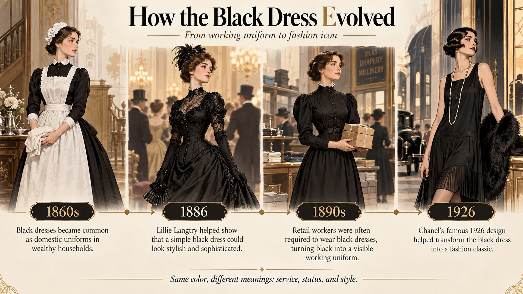 An illustrated timeline shows the evolution of black dresses between the 1860s and 1926, across domestic uniforms and high fashion.