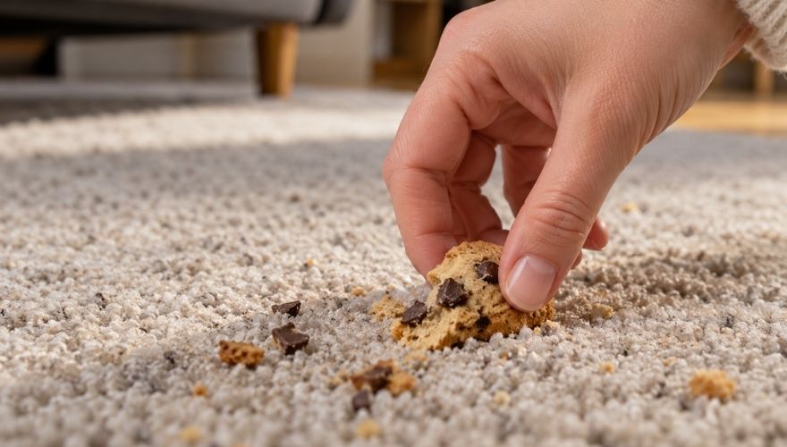 Close-up of a hand picking up a dropped chocolate chip cookie from a beige carpet, with crumbs scattered among the carpet fibers.