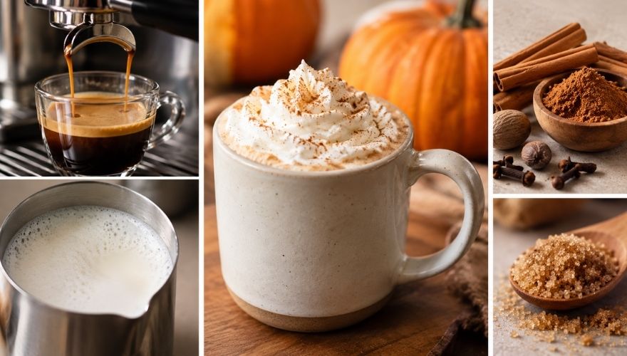 Pumpkin spice latte with espresso, steamed milk, sugar, and autumn spices.