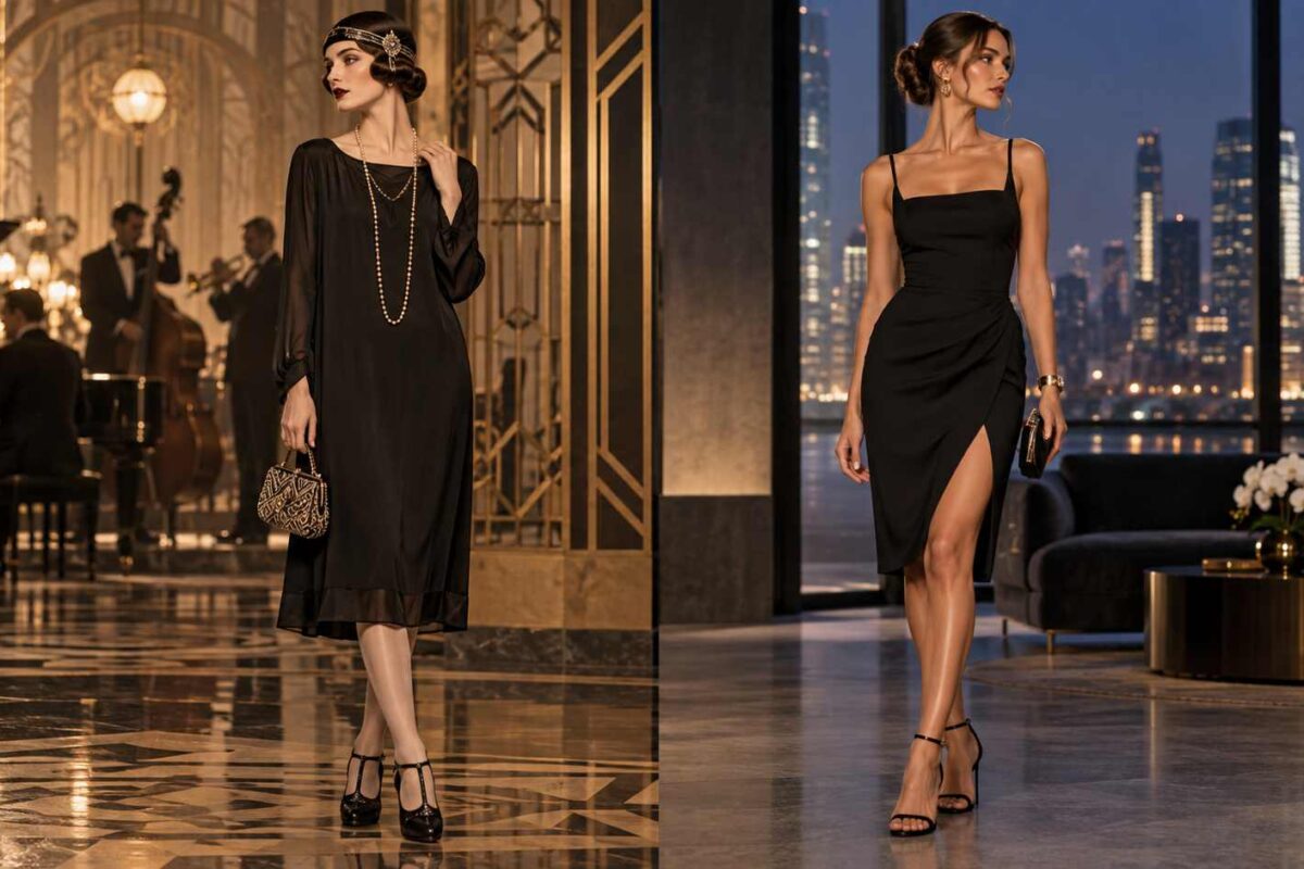 A split image shows a 1926 little black dress beside a modern little black dress in elegant indoor settings.