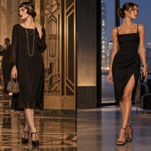 A split image shows a 1926 little black dress beside a modern little black dress in elegant indoor settings.