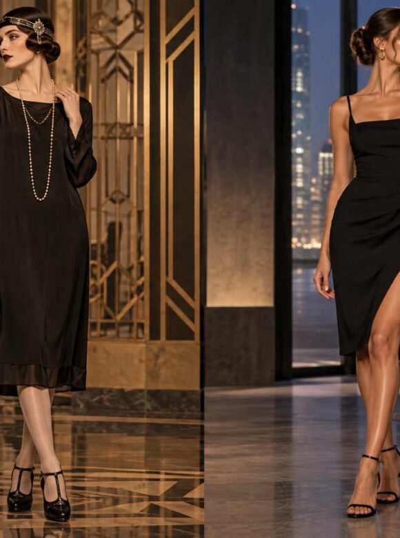 A split image shows a 1926 little black dress beside a modern little black dress in elegant indoor settings.