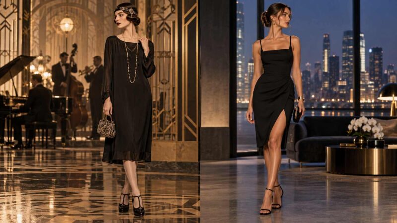 A split image shows a 1926 little black dress beside a modern little black dress in elegant indoor settings.