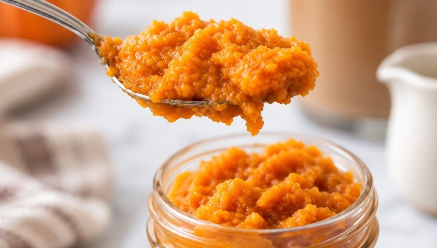 A spoon holds pumpkin puree above a glass jar beside a cup of coffee.