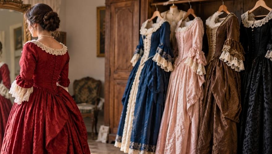 Woman in a red 18th-century gown standing before an antique mirror, with elaborate blue, pink, brown, and black dresses hanging nearby.